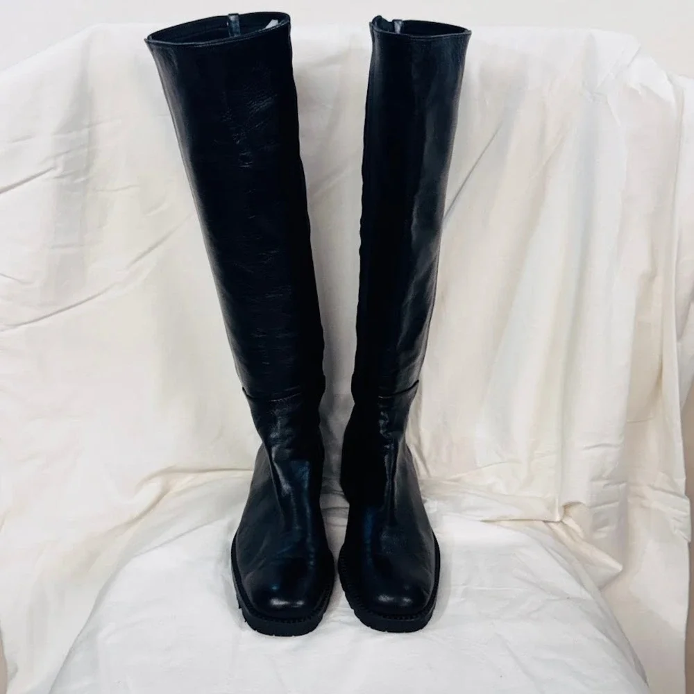 Stuart Weitzman Black Leather Knee High Boots Stretch Panel Riding Boots Sz 8.5